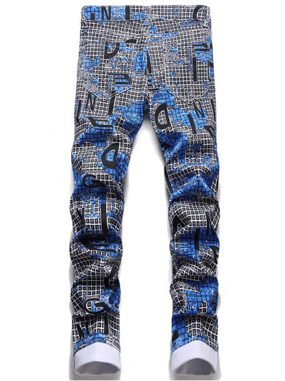 LONGBIDA Plaid Letters Digital Print Patchwork Jeans Men Fashion Slim