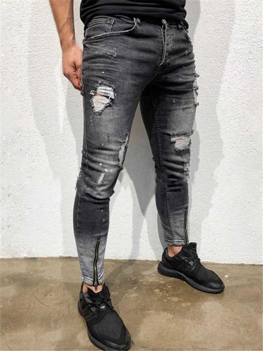 LONGBIDA Fashion Men Ripped Jeans Skinny Casual Zipper Pencil Pants