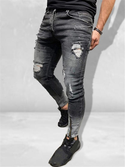 LONGBIDA Fashion Men Ripped Jeans Skinny Casual Zipper Pencil Pants