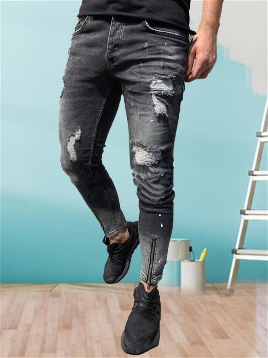 LONGBIDA Fashion Men Ripped Jeans Skinny Casual Zipper Pencil Pants