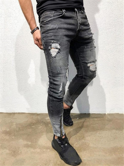 LONGBIDA Fashion Men Ripped Jeans Skinny Casual Zipper Pencil Pants