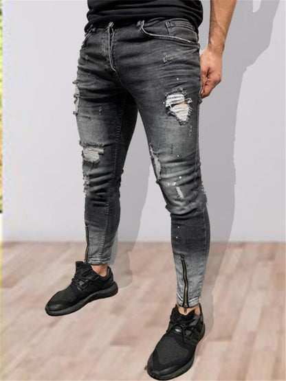 LONGBIDA Fashion Men Ripped Jeans Skinny Casual Zipper Pencil Pants