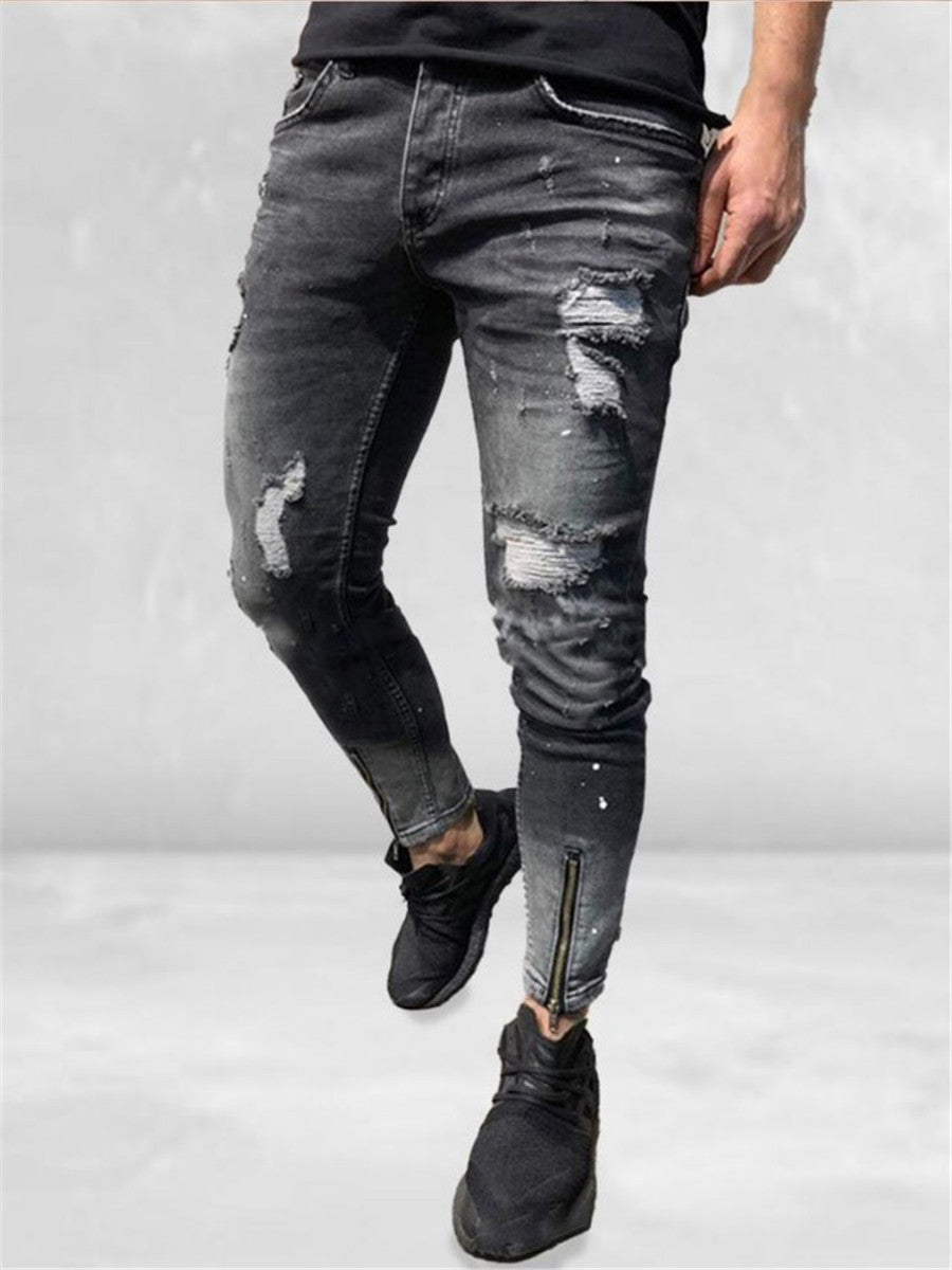 LONGBIDA Fashion Men Ripped Jeans Skinny Casual Zipper Pencil Pants