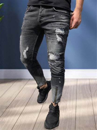 LONGBIDA Fashion Men Ripped Jeans Skinny Casual Zipper Pencil Pants