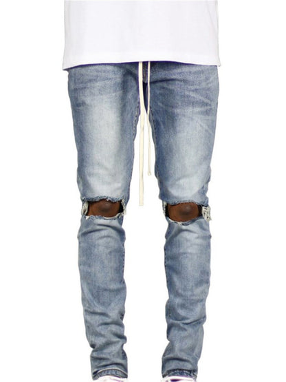 LONGBIDA Fashion Men Ripped Jeans Side Ankle Zipper Skinny Stretch