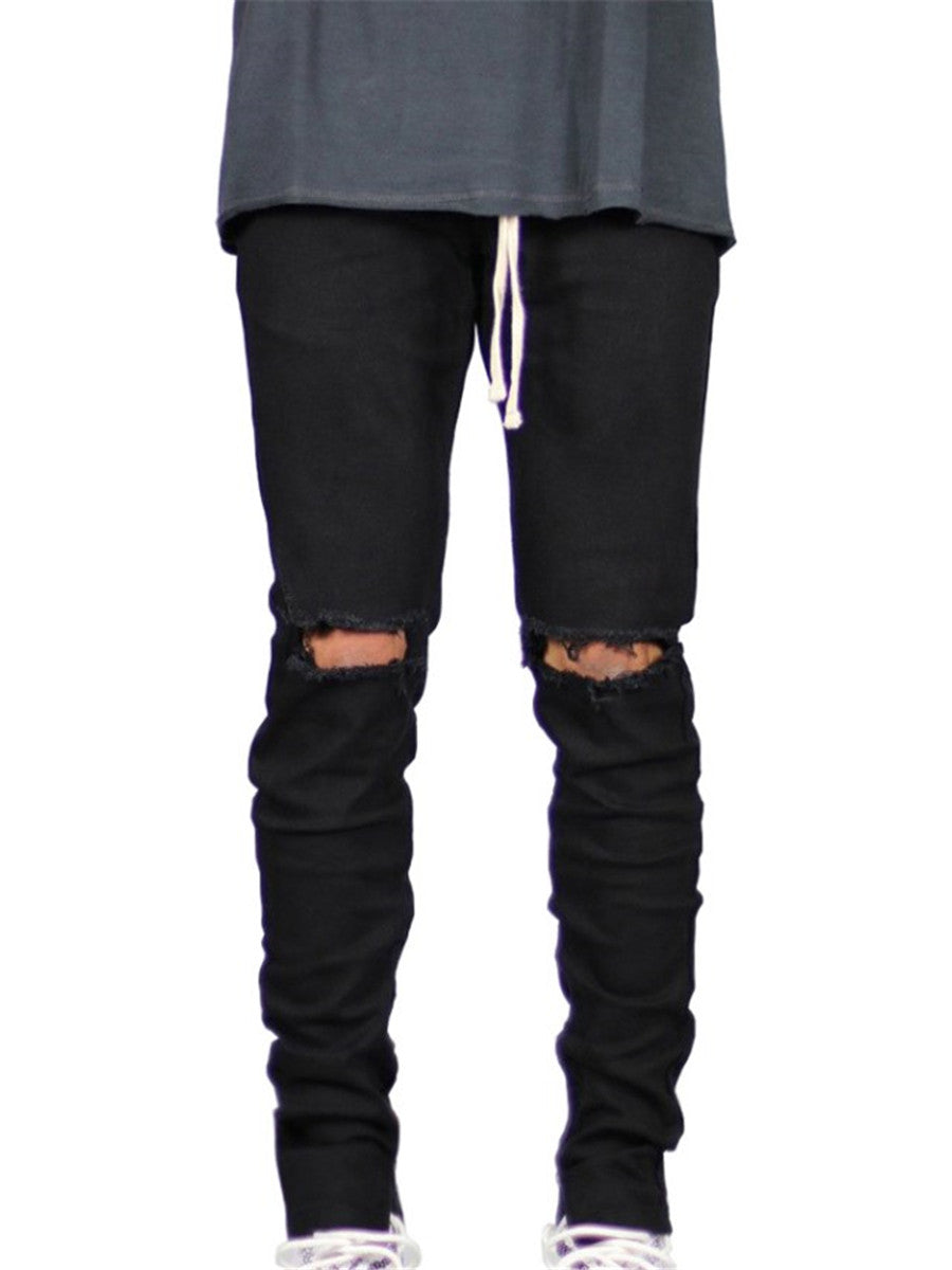 LONGBIDA Fashion Men Ripped Jeans Side Ankle Zipper Skinny Stretch