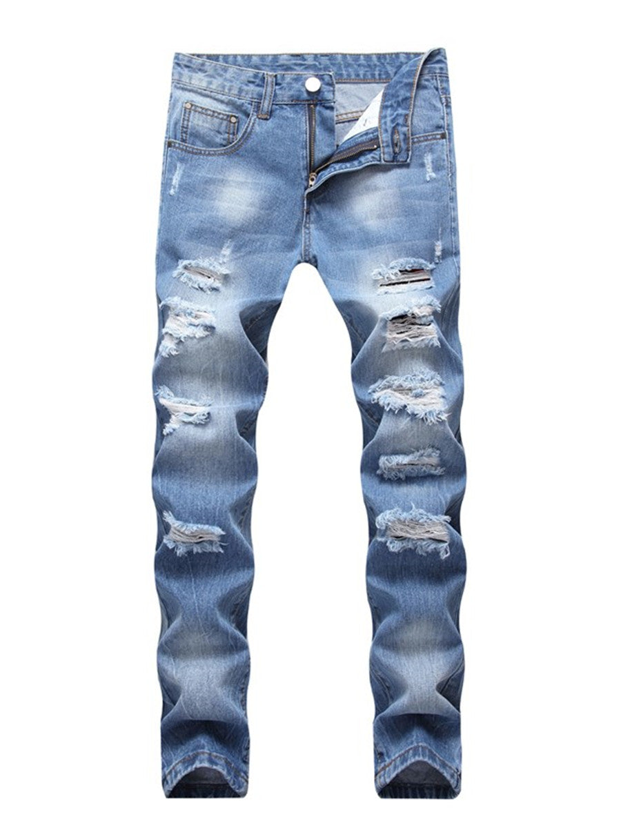 LONGBIDA Men Joggers Ripped Jeans Slim Fit Blue Distressed Destroyed