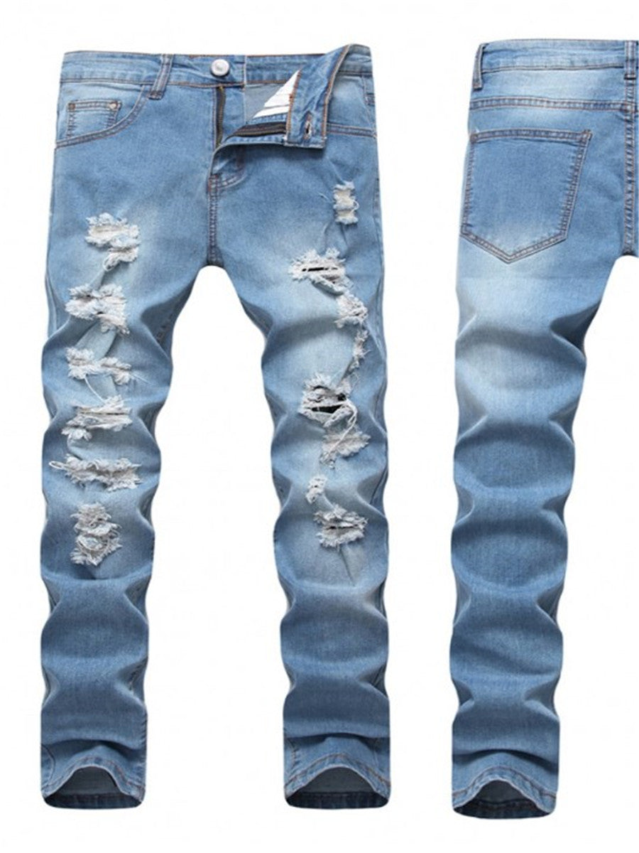 LONGBIDA Men Joggers Ripped Jeans Slim Fit Blue Distressed Destroyed