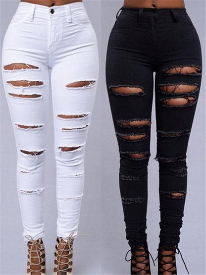 LONGBIDA Women Fashion Ripped Jeans Faded Skinny Sexy High Waist