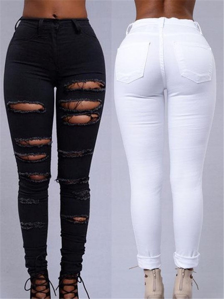 LONGBIDA Women Fashion Ripped Jeans Faded Skinny Sexy High Waist