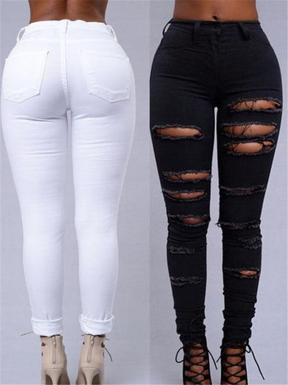 LONGBIDA Women Fashion Ripped Jeans Faded Skinny Sexy High Waist