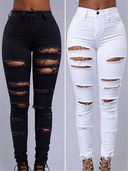 LONGBIDA Women Fashion Ripped Jeans Faded Skinny Sexy High Waist