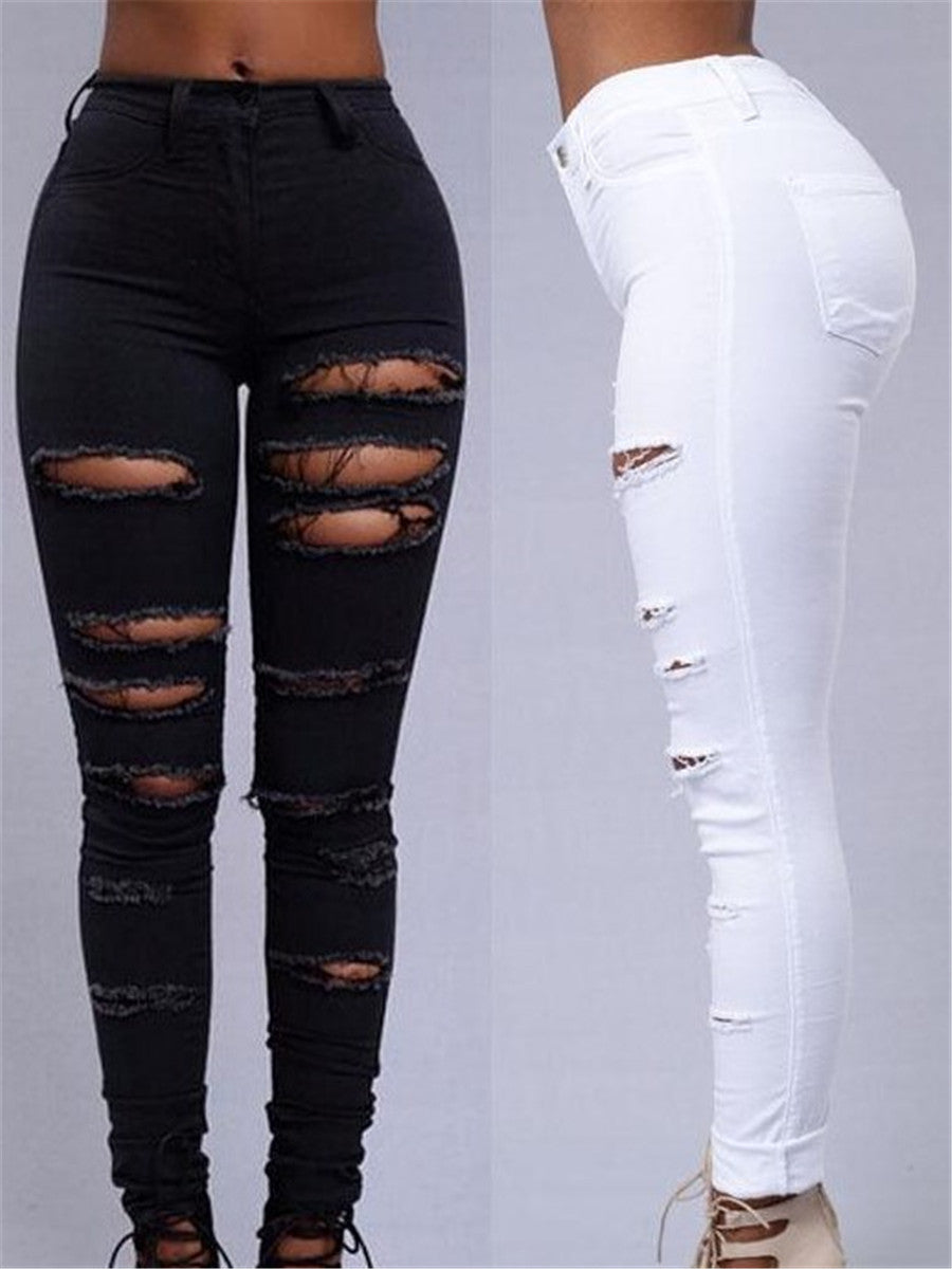 LONGBIDA Women Fashion Ripped Jeans Faded Skinny Sexy High Waist
