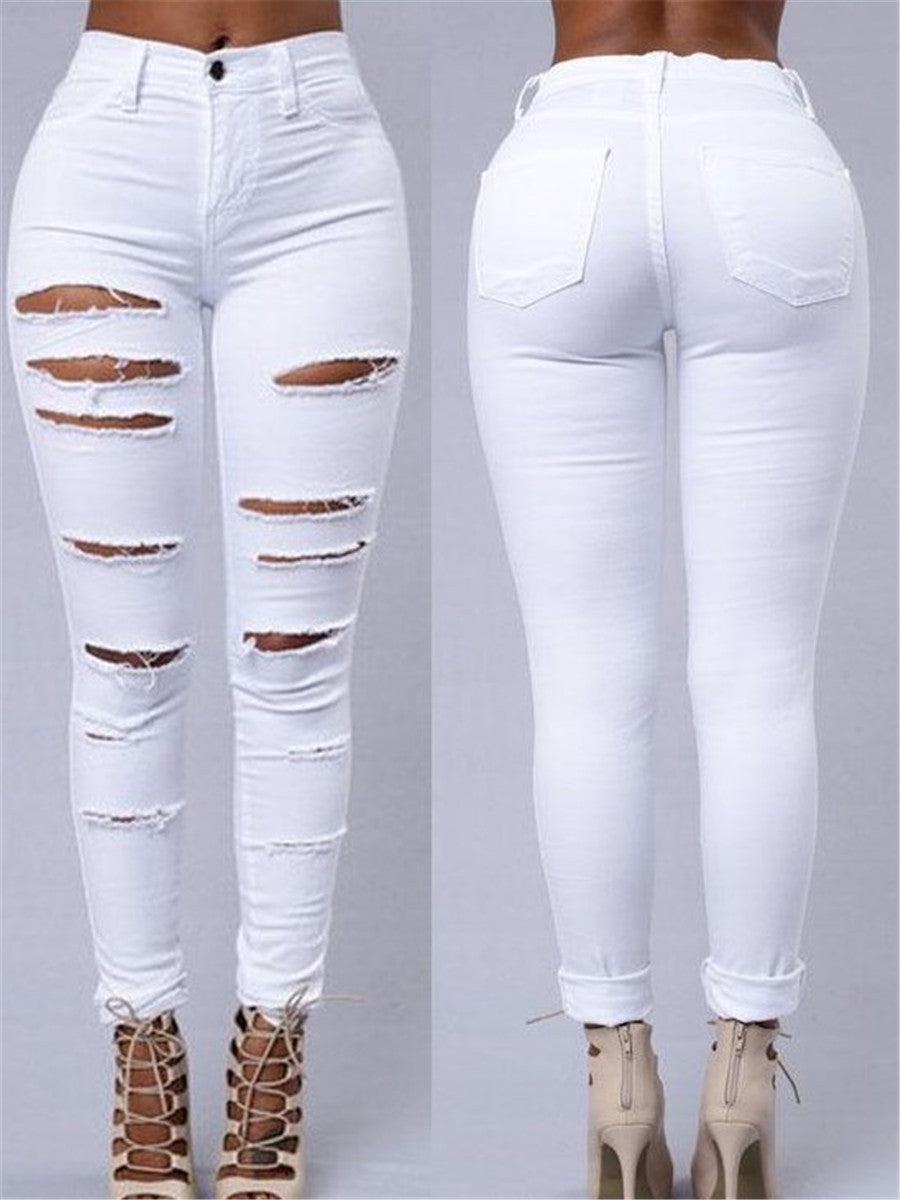 LONGBIDA Women Fashion Ripped Jeans Faded Skinny Sexy High Waist