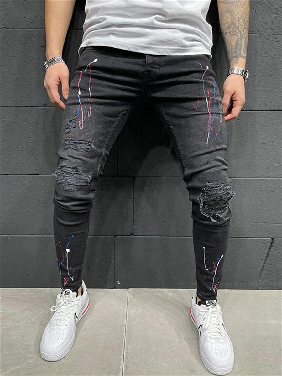 LONGBIDA Patchwork Jeans Fashion Paint Printing Skinny Biker Hip Hop For Men