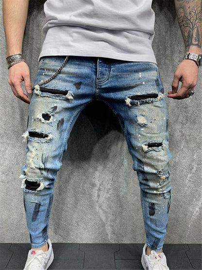 LONGBIDA Patchwork Jeans Fashion Paint Printing Skinny Biker Hip Hop For Men