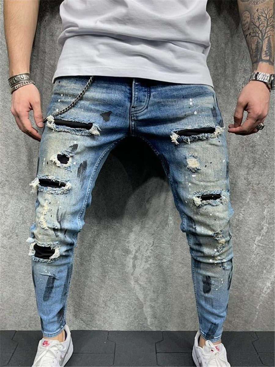 LONGBIDA Patchwork Jeans Fashion Paint Printing Skinny Biker Hip Hop For Men