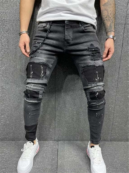 LONGBIDA Patchwork Jeans Fashion Paint Printing Skinny Biker Hip Hop For Men