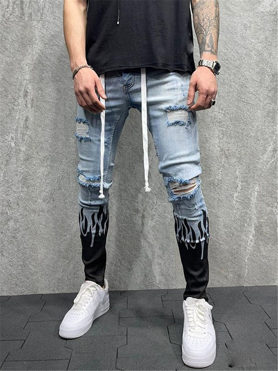 LONGBIDA Ripped Jeans Slim Fit Mens Fashion Flame Print Casual Drawstring