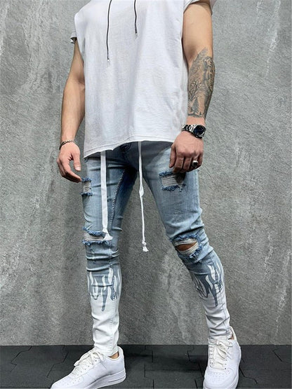 LONGBIDA Ripped Jeans Slim Fit Mens Fashion Flame Print Casual Drawstring