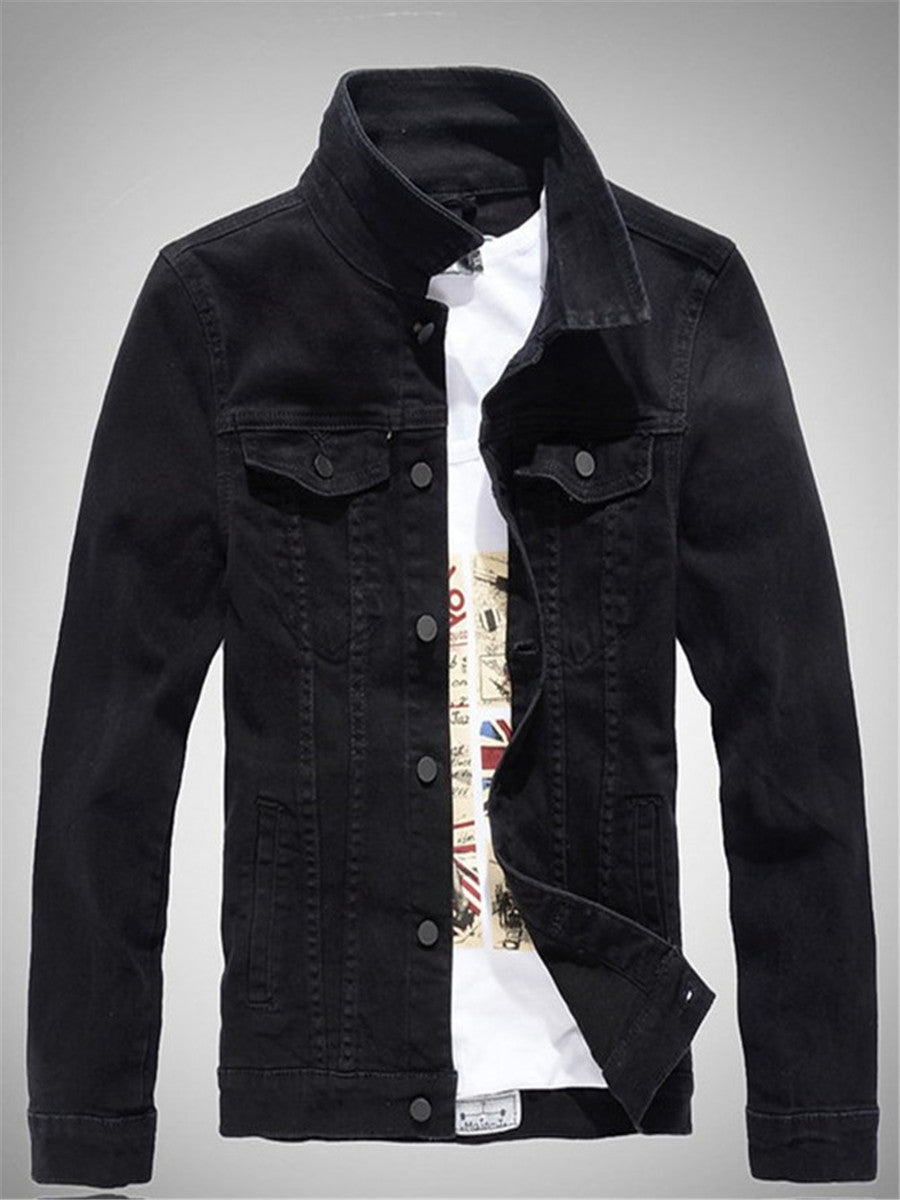 LONGBIDA Solid Color Men Jacket Jeans Slim Fit Coat Military Fashion Black / 4XL