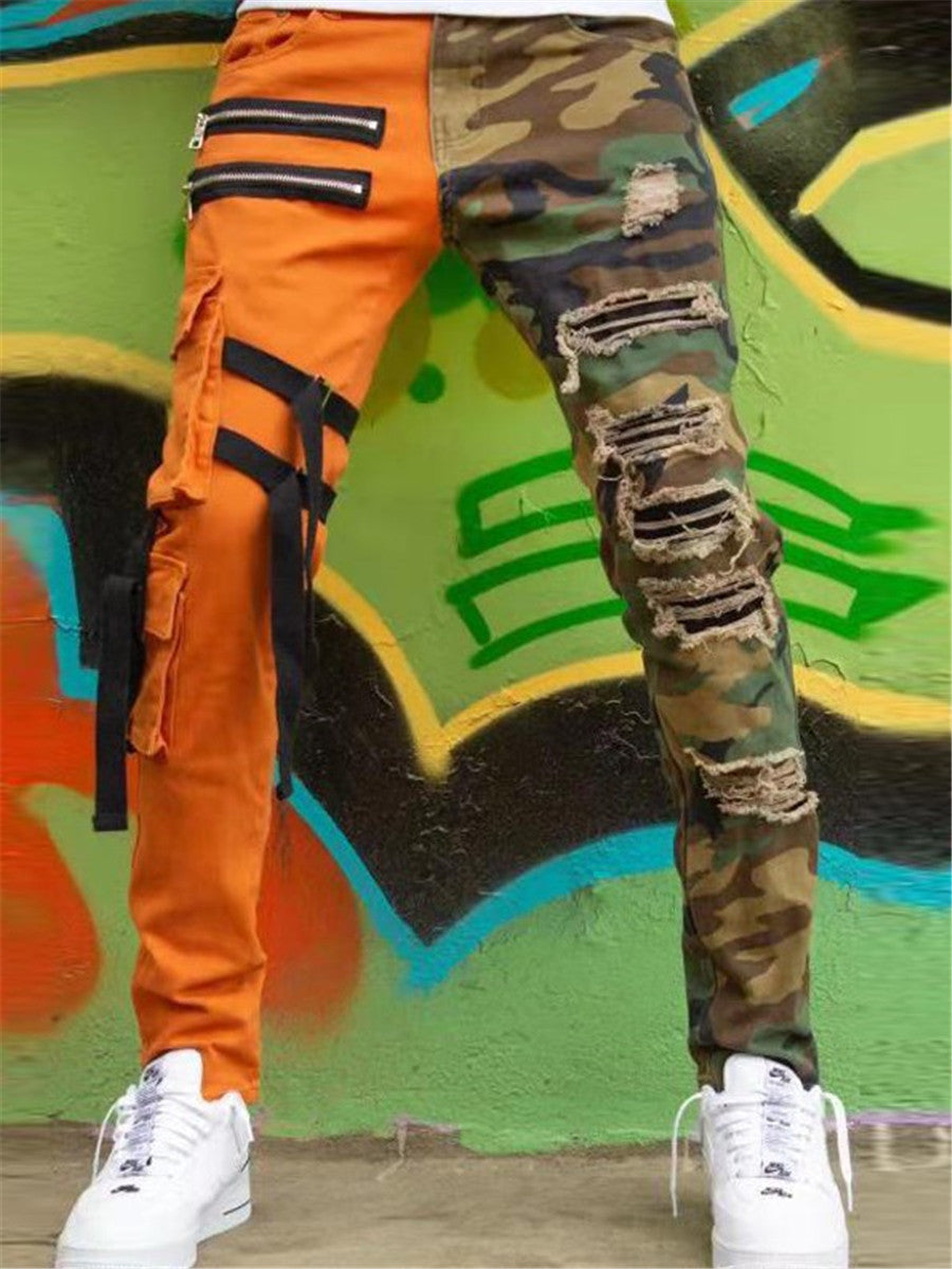 LONGBIDA Mens Patchwork Jeans High Street Overalls Casual Fashion Hip-hop