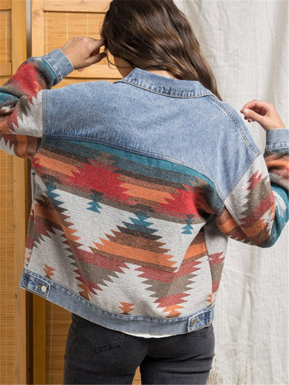 LONGBIDA Jacket Women Retro Lapel Loose Denim Stitching Woolen
