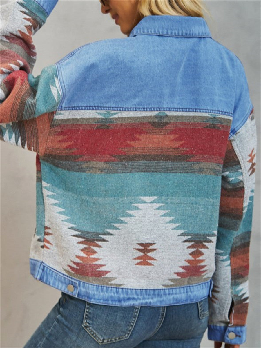 LONGBIDA Jacket Women Retro Lapel Loose Denim Stitching Woolen
