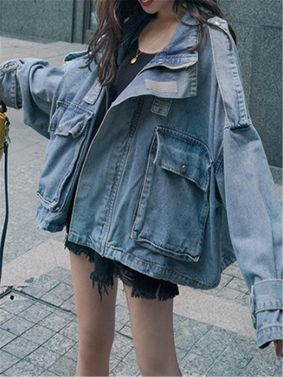 LONGBIDA Fashion Jacket Women Loose Retro Denim Streetwear