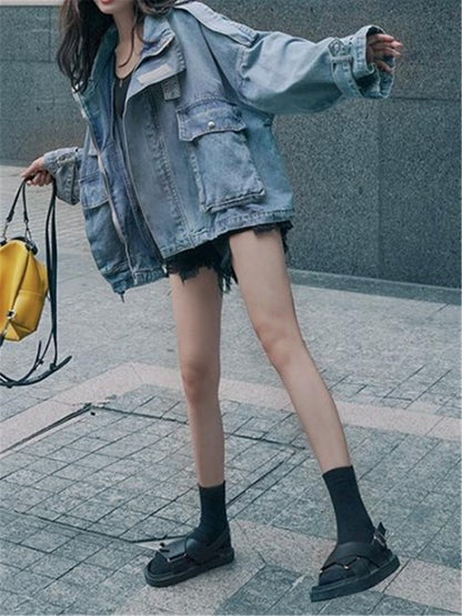 LONGBIDA Fashion Jacket Women Loose Retro Denim Streetwear