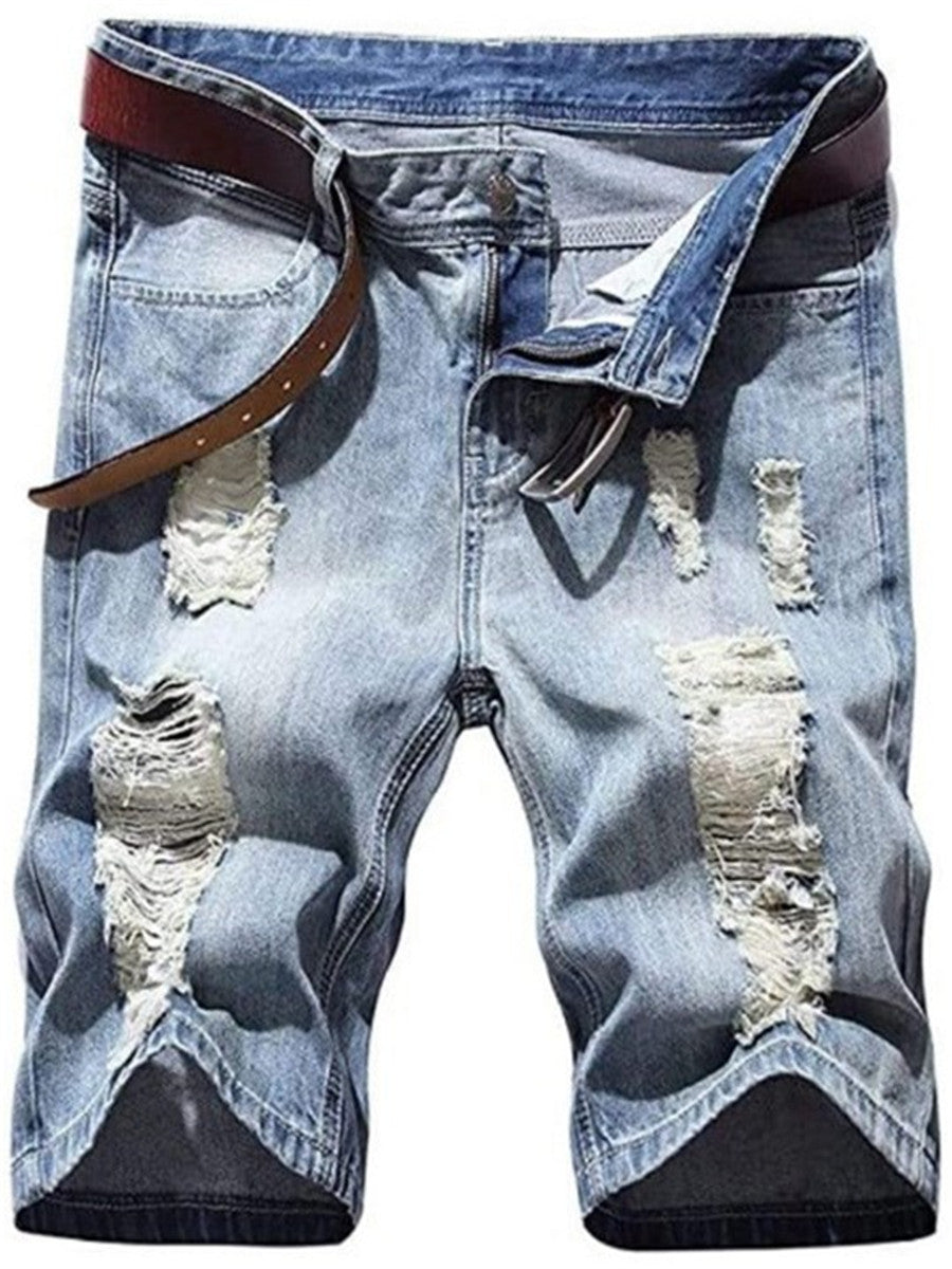 LONGBIDA Shorts Ripped Denim Slim Frayed Mens Streetwear