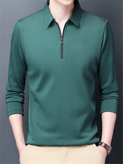 LONGBIDA Solid Polo Mens Shirt Lapel Long-sleeved Zipper Collar Fashion