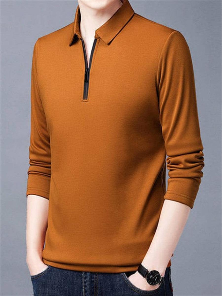 LONGBIDA Solid Polo Mens Shirt Lapel Long-sleeved Zipper Collar Fashion