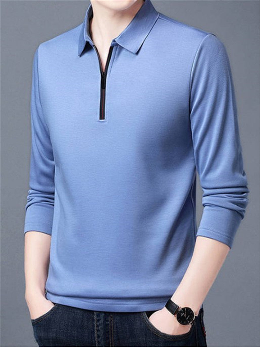 LONGBIDA Solid Polo Mens Shirt Lapel Long-sleeved Zipper Collar Fashion