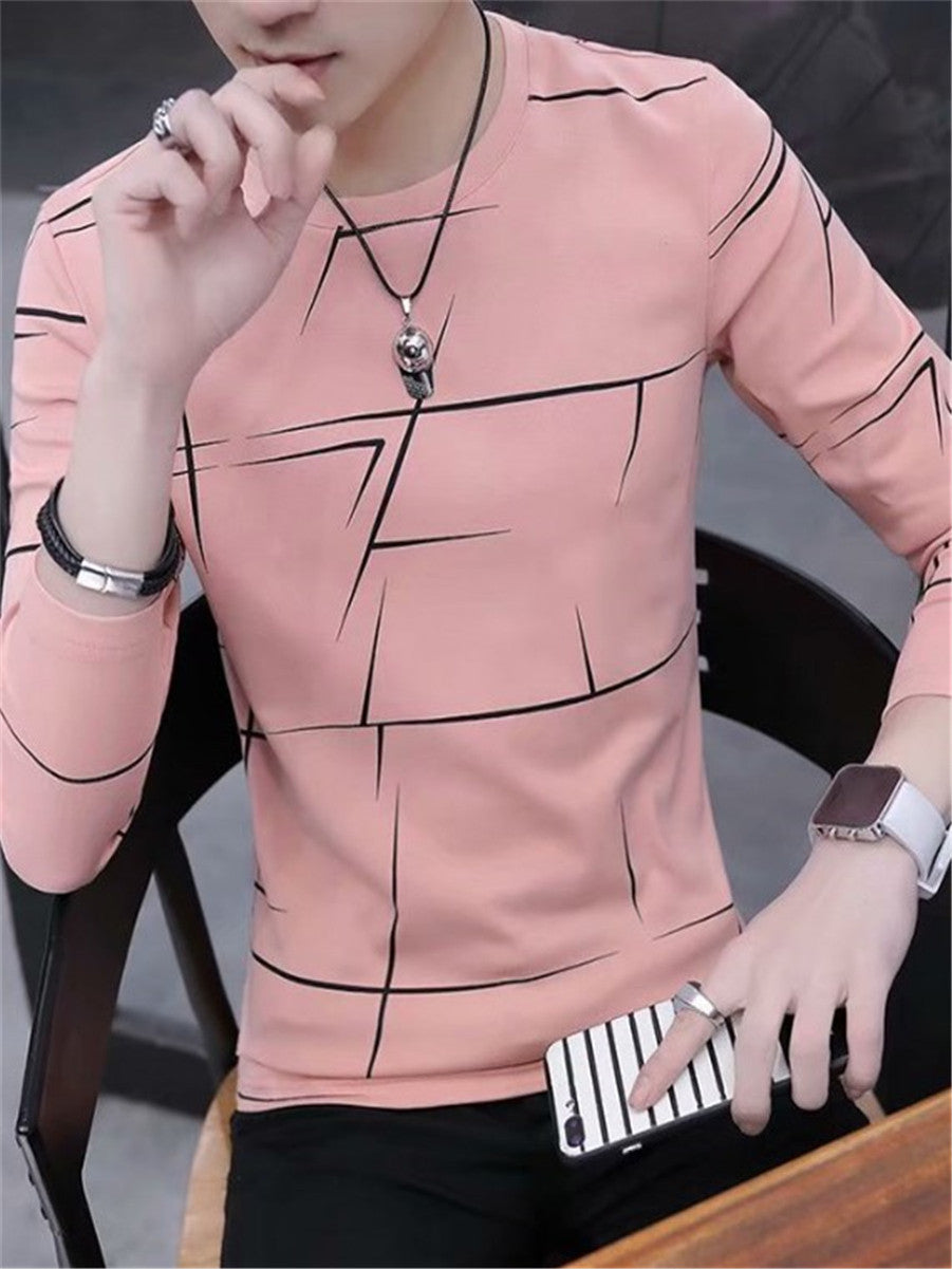 LONGBIDA Mens Shirt Long Sleeve Stripe O-Neck Casual Pink White Black