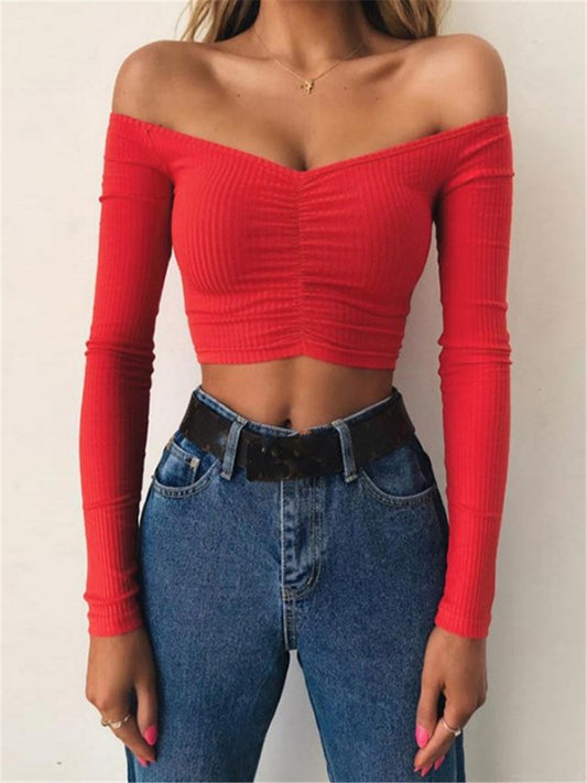 LONGBIDA T-shirts Women Sexy Club Fashion Off Shoulder Solid Color