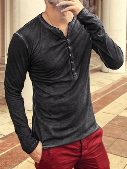 LONGBIDA V-neck Long Sleeve Men Stylish Slim Buttons Casual Solid