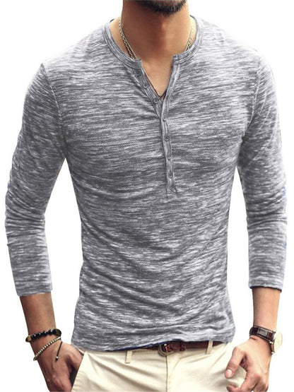 LONGBIDA V-neck Long Sleeve Men Stylish Slim Buttons Casual Solid