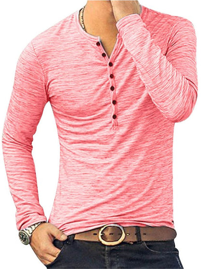 LONGBIDA V-neck Long Sleeve Men Stylish Slim Buttons Casual Solid