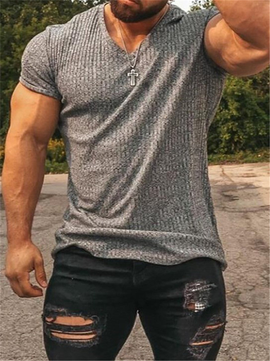 LONGBIDA V Neck Short Sleeve Men T Shirt Fitness Slim Fit Knitted