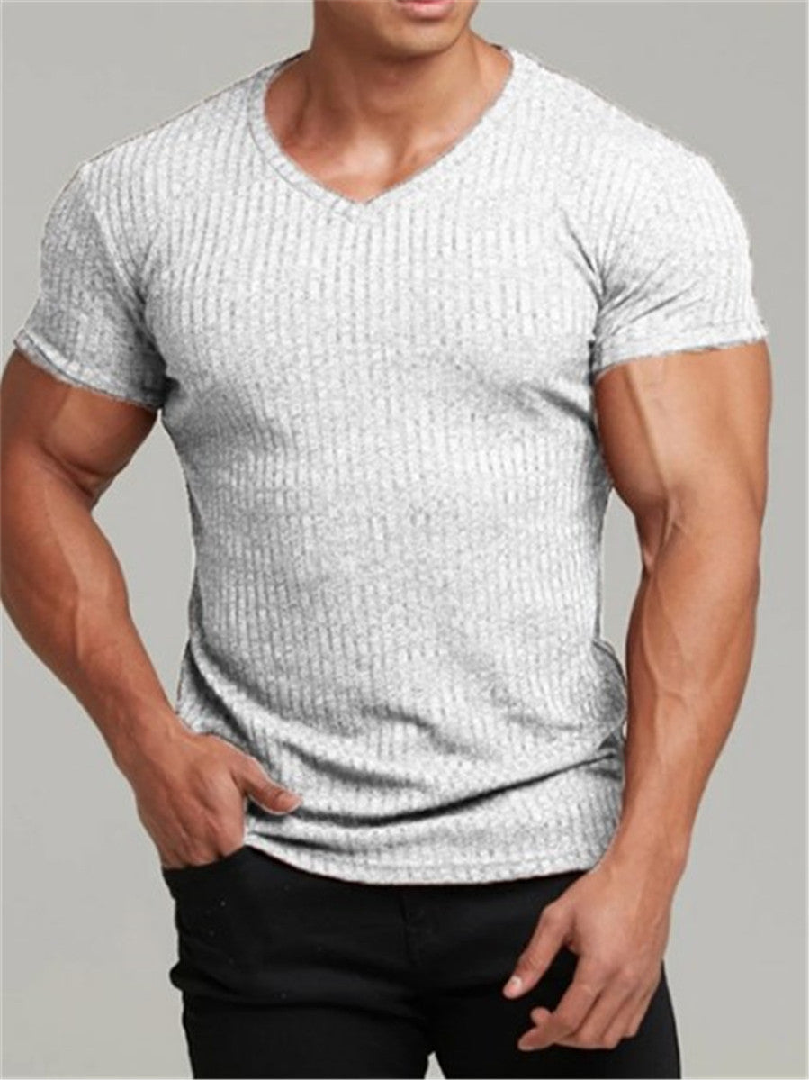 LONGBIDA V Neck Short Sleeve Men T Shirt Fitness Slim Fit Knitted
