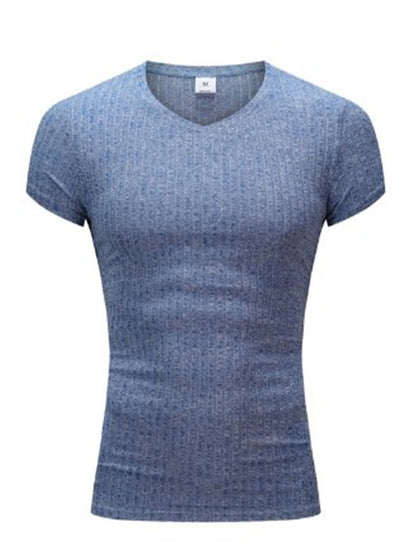 LONGBIDA V Neck Short Sleeve Men T Shirt Fitness Slim Fit Knitted
