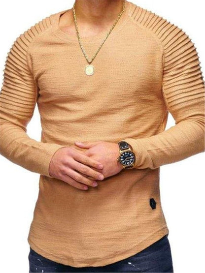 LONGBIDA Pleated Patch Men Solid Color T-Shirt Fashion Slim Basic