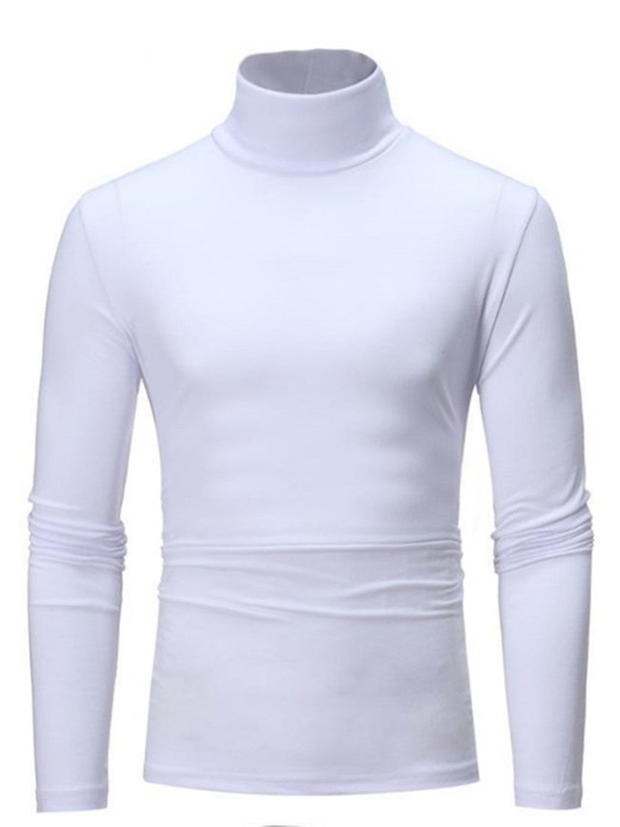 LONGBIDA Roll Turtleneck Mens T Shirt Solid Color Tops Slim Basic Stretch