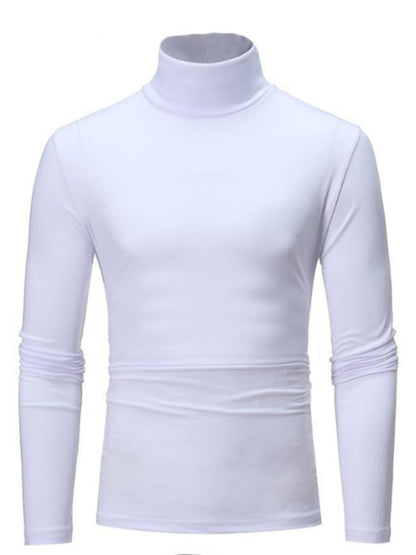 LONGBIDA Roll Turtleneck Mens T Shirt Solid Color Tops Slim Basic Stretch