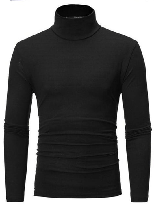 LONGBIDA Roll Turtleneck Mens T Shirt Solid Color Tops Slim Basic Stretch