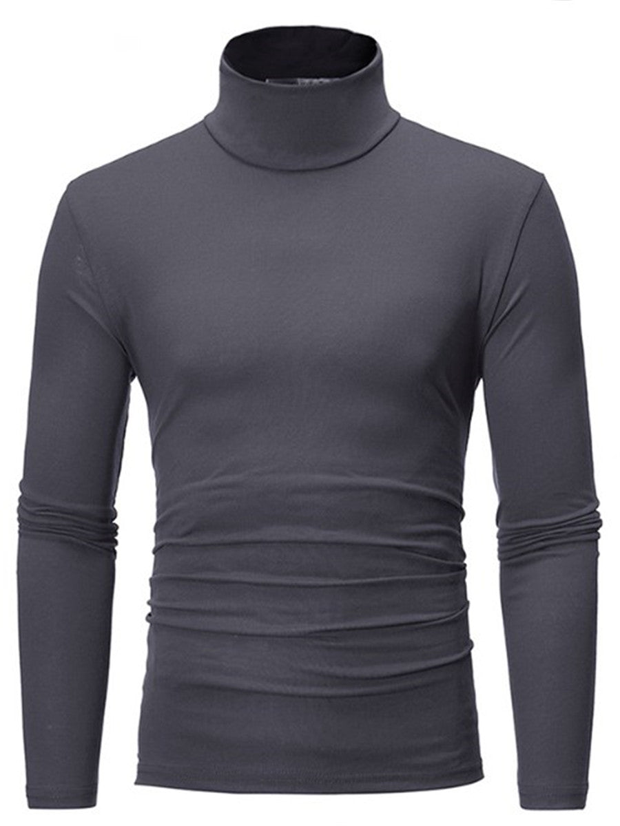 LONGBIDA Roll Turtleneck Mens T Shirt Solid Color Tops Slim Basic Stretch