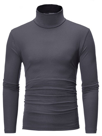 LONGBIDA Roll Turtleneck Mens T Shirt Solid Color Tops Slim Basic Stretch
