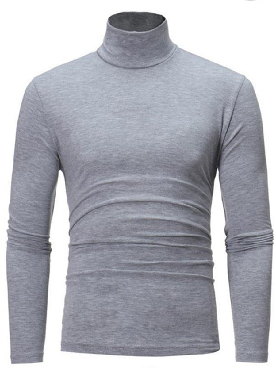 LONGBIDA Roll Turtleneck Mens T Shirt Solid Color Tops Slim Basic Stretch