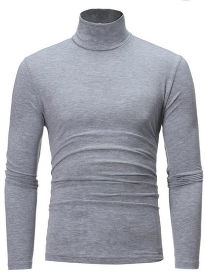 LONGBIDA Roll Turtleneck Mens T Shirt Solid Color Tops Slim Basic Stretch